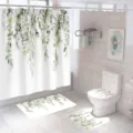 Spring green leaf bathroom shower curtain set, waterproof curtain and absorbent mat details. - 4-Piece Set / Style 1