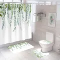 Waterproof green leaf shower curtain set with matching bathroom mats, fresh botanical design detail. - 4-Piece Set / Style 2