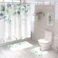 Watercolor eucalyptus bathroom set including shower curtain, toilet mat, and floor rugs. - 4-Piece Set / Style 3