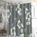 Detailed view of grey geometric shower curtain featuring elegant watercolor blue floral pattern. - 90*180 / H-0951