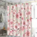 Waterproof fabric shower curtain with pink cherry blossom floral print for bathroom decor. - H-0815