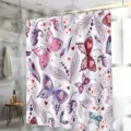 Waterproof fabric shower curtain with colorful butterfly and feather pattern for bathroom decor. - H-0958