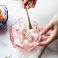 Pink glass dessert bowl with flower shape, elegant tableware for ice cream salad and soup. - Pink with Spoon
