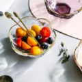 Clear glass flower bowl with gold rim and fruit fork set, elegant tableware for dessert. - Transparent Gold Traced + Spoon