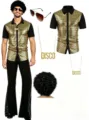 costume disco homme annee 70 retro chemise perruque colliers fete scene deguisement - S / Haut et Bas / Manche Noire Dorée Avec Accessoires / Or