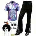 Ensemble de costume disco avec chemise violette métallisée et pantalon patte d'éléphant - S / Ensemble / Bleu et Violet
