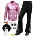 70s Disco Costume for Men Retro Metallic Shirt Bell Bottom Pants Party Outfit Stage Set - S / Set / Rose Red