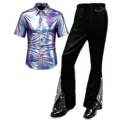 Ensemble de costume de scène rétro disco pour homme chemise métallique et pantalon évasé - S / Haut Et Bas / Bleu et Violet