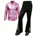 Men metallic shiny pink shirt black flared pants disco party stage performance costume - S / Top And Bottom / Pink