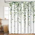 Detail de rideau de douche avec motif de feuilles d'eucalyptus et tissu polyester etanche. - 180*180 Seul Rideau de Douche avec Crochets 380g / v86