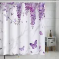 Gros plan détaillé du rideau de douche floral en glycine violette dans une salle de bain. - 180*180 Seul Rideau de Douche avec Crochets 380g / WE32