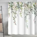 Gros-plan du rideau de douche imperméable en polyester avec un élégant motif floral botanique. - 180*180 Seul Rideau de Douche avec Crochets 380g / YL220