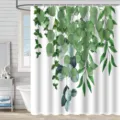 Vue détaillée du rideau de douche à motif de feuilles d'eucalyptus aquarelle dans la salle de bain. - 180*180 Seul Rideau de Douche avec Crochets 380g / yj-589