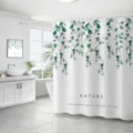 Rideau de douche imperméable en polyester avec design de feuilles d'eucalyptus vertes - 180*180 Seul Rideau de Douche avec Crochets 380g / 36