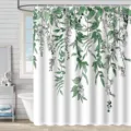 Rideau de douche étanche en polyester avec motif de feuilles de plantes vertes suspendues - 180*180 Seul Rideau de Douche avec Crochets 380g / 76