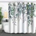 Rideau de douche imperméable en polyester avec motif de feuilles d'eucalyptus pour salle de bain - 180*180 Seul Rideau de Douche avec Crochets 380g / 9