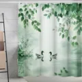 Rideau de douche étanche en polyester avec motif de plantes vertes et de canards pour salle - 180*180 Seul Rideau de Douche avec Crochets 380g / Feuille Verte-1