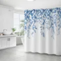 Rideau de douche imperméable en polyester avec motif de feuilles botaniques aquarelle bleue. - 180*180 Seul Rideau de Douche avec Crochets 380g / 72