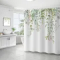 Rideau de douche étanche en polyester avec motif de feuilles de plantes pour la salle de bain - 180*180 Seul Rideau de Douche avec Crochets 380g / 74