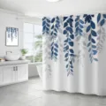Rideau de douche de salle de bain en polyester imperméable motif de feuilles bleues - 180*180 Seul Rideau de Douche avec Crochets 380g / 41