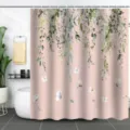 Rideau de douche imperméable en polyester avec design de fleurs botaniques et papillons. - 180*180 Seul Rideau de Douche avec Crochets 380g / 15