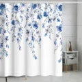 Waterproof fabric shower curtain with blue watercolor floral pattern for modern bathroom decor - 180*180 Single Shower Curtain with Hooks 380g / 19