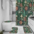 Vintage botanical floral print bathroom four-piece set including shower curtain and mats detail view. - System Default Curtain 180x180cm + Mats Set / Green Floral