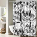 Detailed view of black and white skull and floral shower curtain hanging in modern bathroom. - 90*180 / H-0701 Skull Floral
