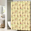 Detailed view of the yellow shower curtain with cute bird and floral pattern in bathroom. - H-0706 Bird and Floral