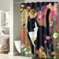 Detailed view of the artistic black and white cat shower curtain in a modern bathroom setup. - H-0709 Cat and Floral