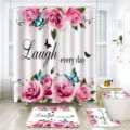 Bathroom shower curtain set with pink roses and blue butterflies pattern, waterproof fabric. - Butterfly Pink Rose