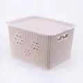 Panier de rangement en plastique avec couvercle, texture tissée et design de fleurs pour bureau. - Grand avec Couvercle / Nouveau Beige avec Fleur