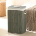 Opvouwbare bamboe wasmand met deksel en handvatten, donkergroene opbergmand voor kleding en speelgoed. - Rechthoek / 40x30x60cm / Grijs