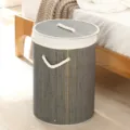 Opvouwbare bamboe wasmand met deksel en touwhandvatten voor kleding en speelgoed opbergen - Rond / 35x50cm / Grijs
