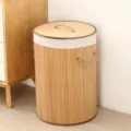 Opvouwbare bamboe wasmand met deksel en handgrepen voor het opbergen van kleding in huis. - Rond / 35x50cm / Originele Kleur