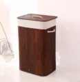 Bamboo laundry basket with lid folding dirty clothes hamper tall storage bin for home use - Rectangle / 40x30x60cm / Coffee