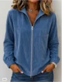 Detail van effen ribfluwelen jas met rits voor dames, casual jas met lange mouwen. - 3XL / Tops / Blauw