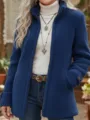 Women winter blue sherpa fleece zipper jacket detail, warm stand collar casual outerwear top - S / Tops / Dark Blue