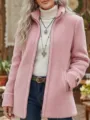 Women pink sherpa fleece zip up jacket casual winter outerwear with stand collar pockets - S / Tops / Pink