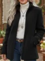 Women's winter solid color stand collar fleece zip up jacket casual long sleeve outerwear. - S / Tops / Black