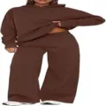 Effen bruine gevoerde hoodie met capuchon en wijde trainingsbroek als tweedelig set. - S / Top en Broek / koffiekleur