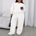 Solid color plush hoodie loose wide-leg sweatpants two-piece set autumn winter casual women wear. - White