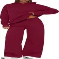 Detail view of the plush fleece-lined hooded sweatshirt and wide-leg sweatpants set in wine red. - Burgundy
