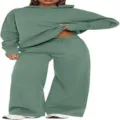 Detailed view of the solid color fleece-lined hoodie and wide-leg sweatpants tracksuit set. - Bean Green