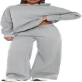Detailed view of the solid grey fleece-lined hooded sweatshirt and wide-leg lounge pants set. - Light Gray