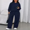 Autumn winter solid fleece hooded sweatshirt loose wide leg sweatpants two piece set women - Navy Blue