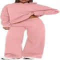 Women solid pink fleece hoodie and wide-leg sweatpants two-piece tracksuit set casual outfit. - Brick Red