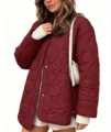 Women's quilted cotton coat casual loose mid length crew neck burgundy winter jacket detail view - Burgundy