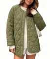 Women's loose quilted jacket casual round neck mid length solid color coat winter outerwear - Army Green
