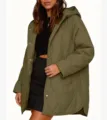 Veste matelassée à capuche kaki pour femme manteau d'hiver ample décontracté mi-long. - S / Vert Militaire